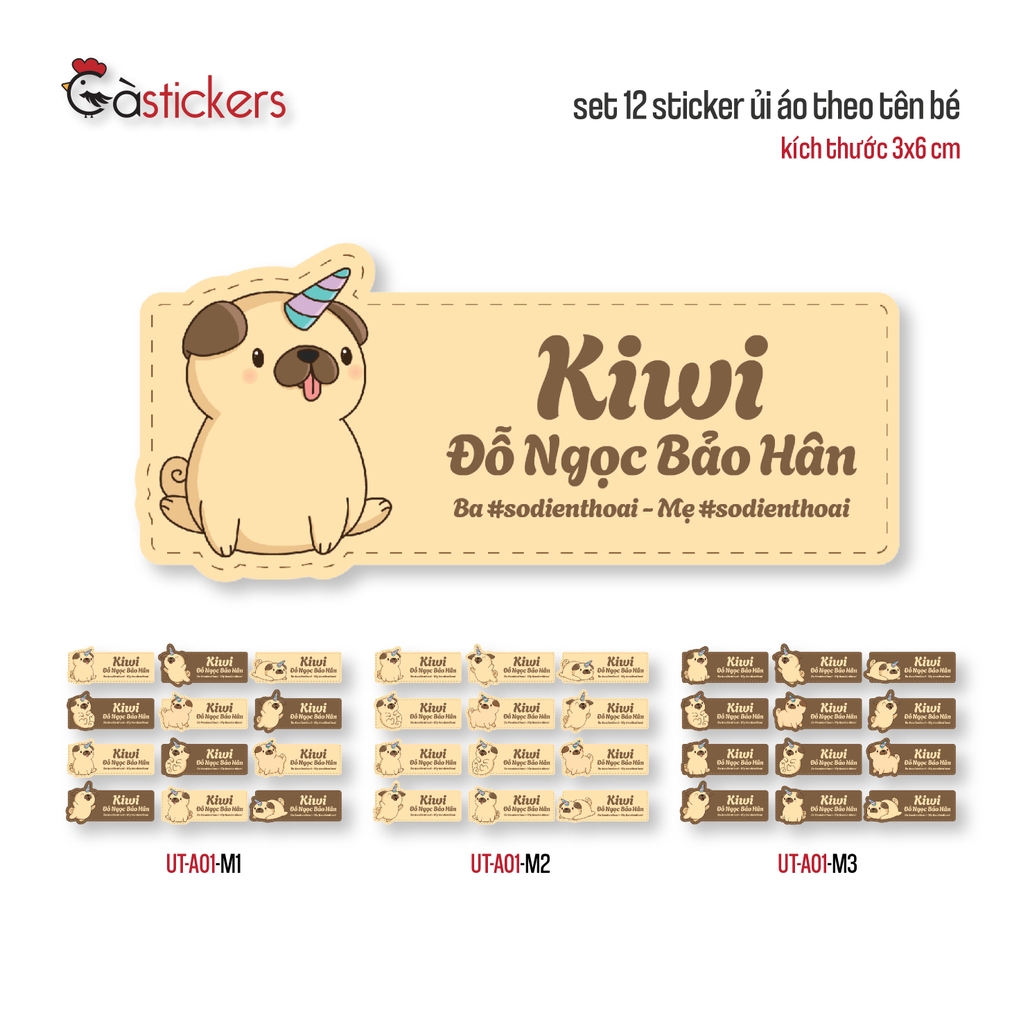 Sticker ủi áo in tên trẻ em GaStickers UT-A01 bộ 12 miếng kích thước 3 x 6 cm