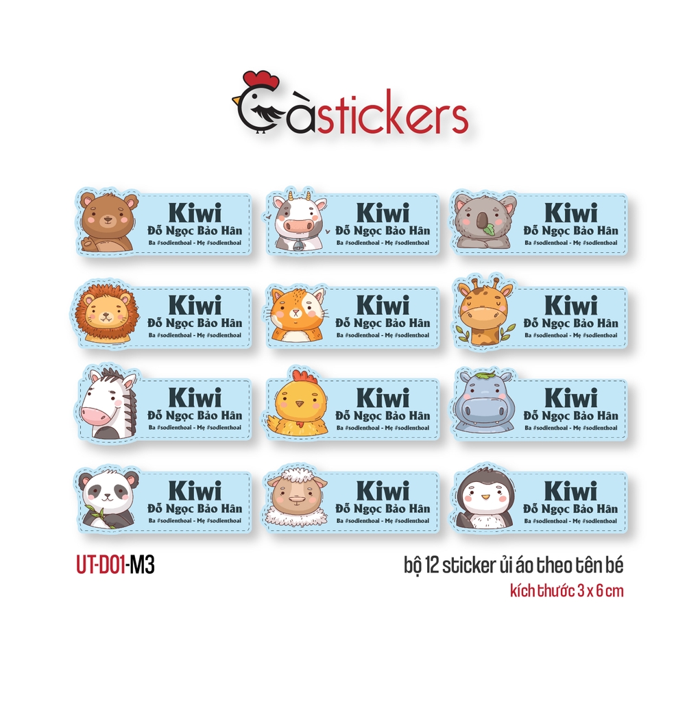 Sticker ủi áo in tên trẻ em GaStickers UT-D01- bộ 12 miếng kích thước 3 x 6 cm