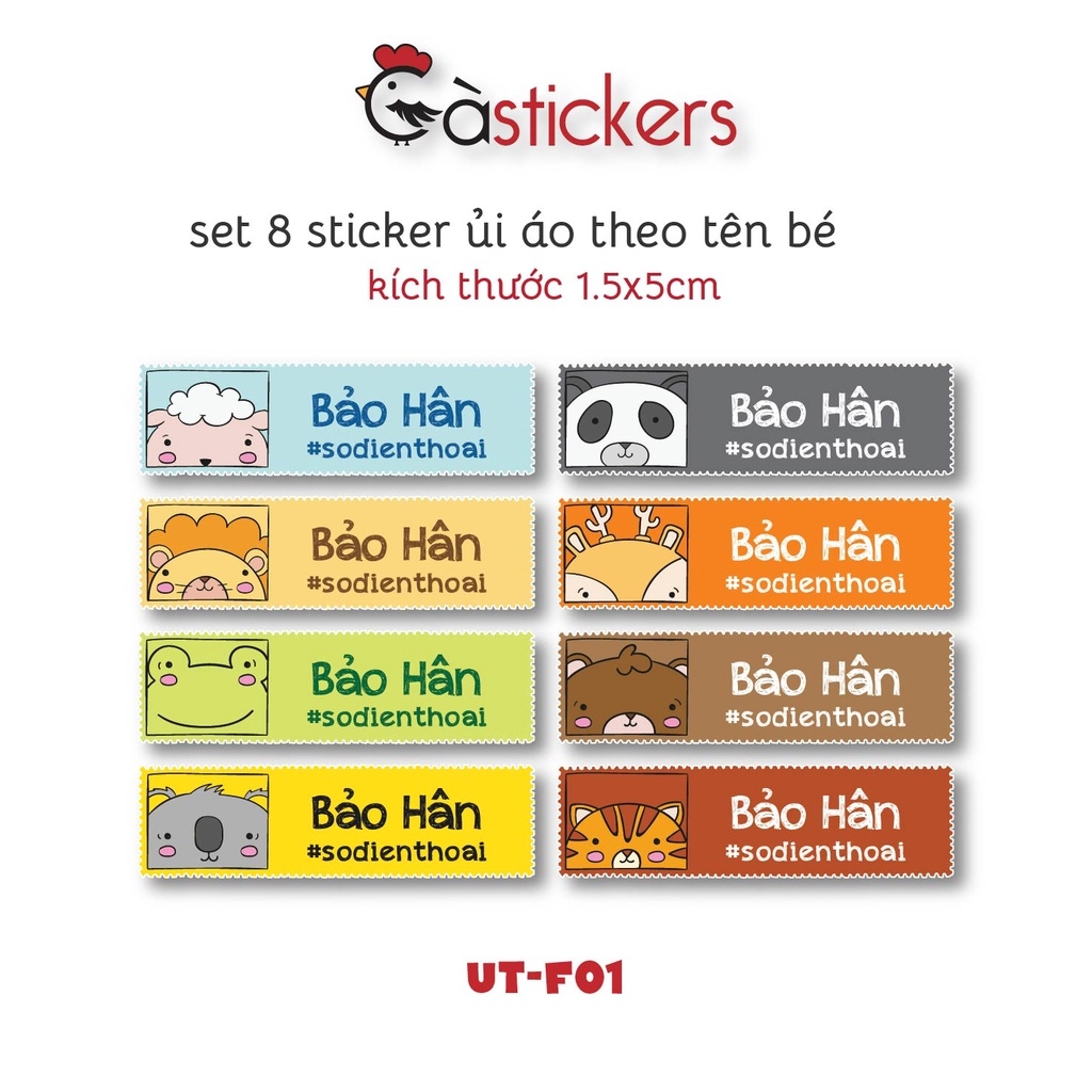 Sticker ủi áo in tên trẻ em GaSticker UT-F01- bộ 8 miếng kích thước 1,5 x 5 cm