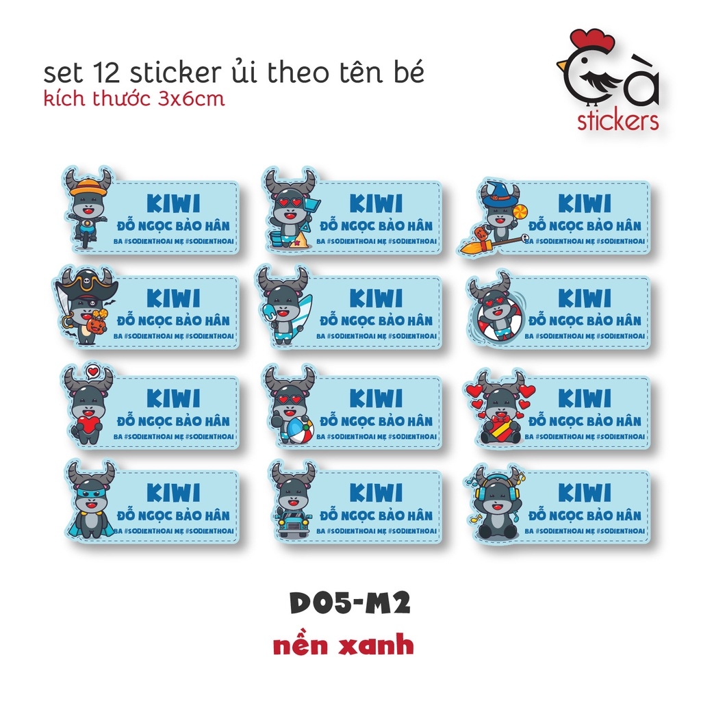 Sticker ủi áo in tên trẻ em GaStickers UT-D05- bộ 12 miếng kích thước 3 x 6 cm