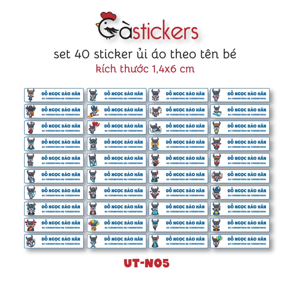 Sticker ủi áo in tên trẻ em GaStickers UT-N05- bộ 40 miếng kích thước 1,4 x 6 cm