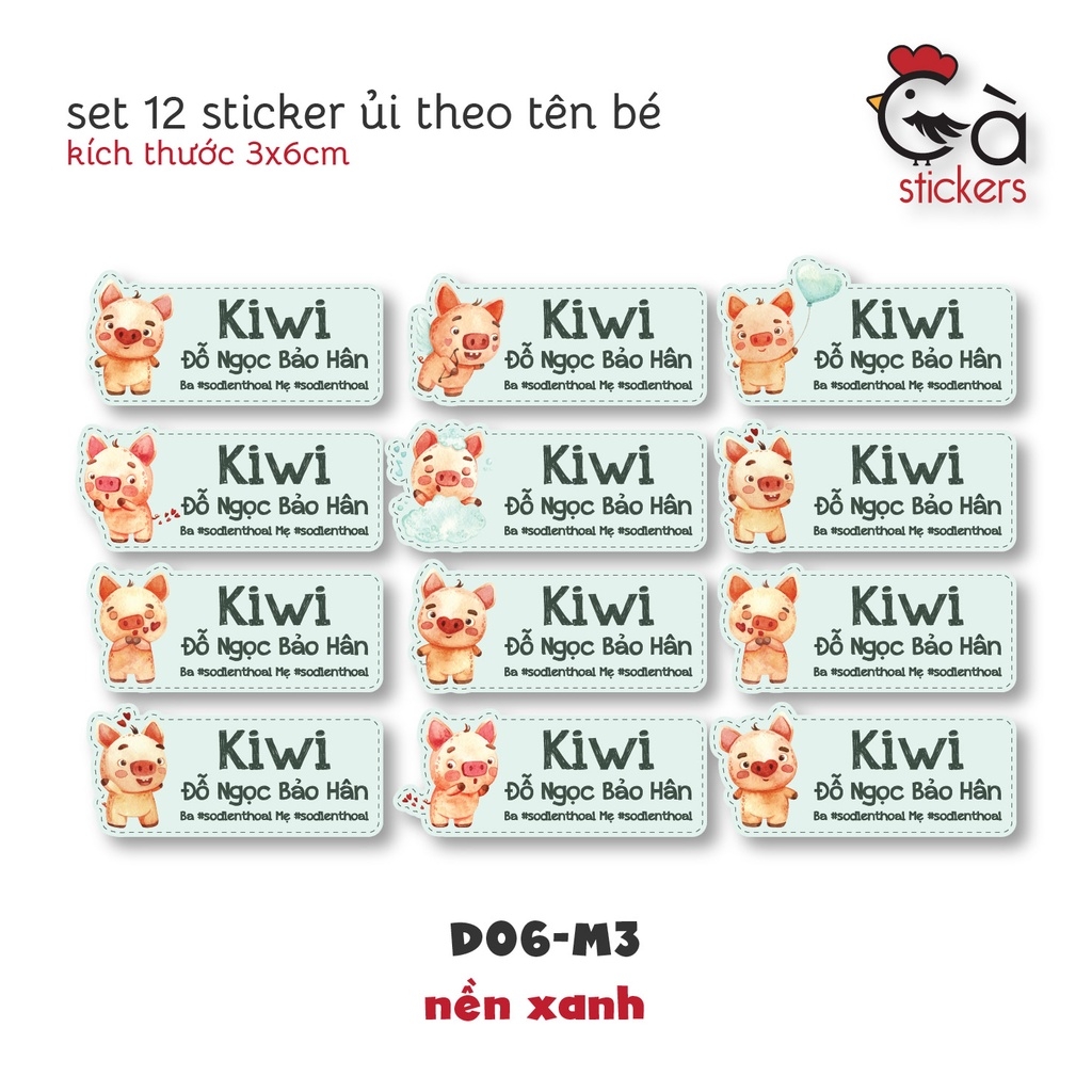 Sticker ủi áo in tên trẻ em GaStickers UT-D06- bộ 12 miếng kích thước 3 x 6 cm