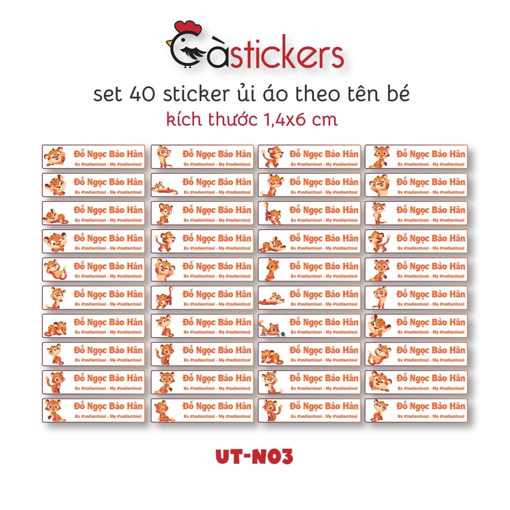 Sticker ủi áo in tên trẻ em GaStickers UT-N03- bộ 40 miếng kích thước 1,4 x 6 cm