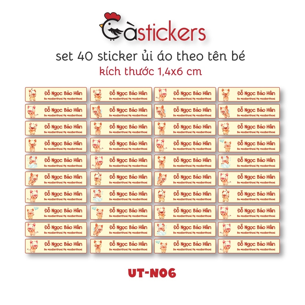Sticker ủi áo in tên trẻ em GaStickers UT-N06- bộ 40 miếng kích thước 1,4 x 6 cm