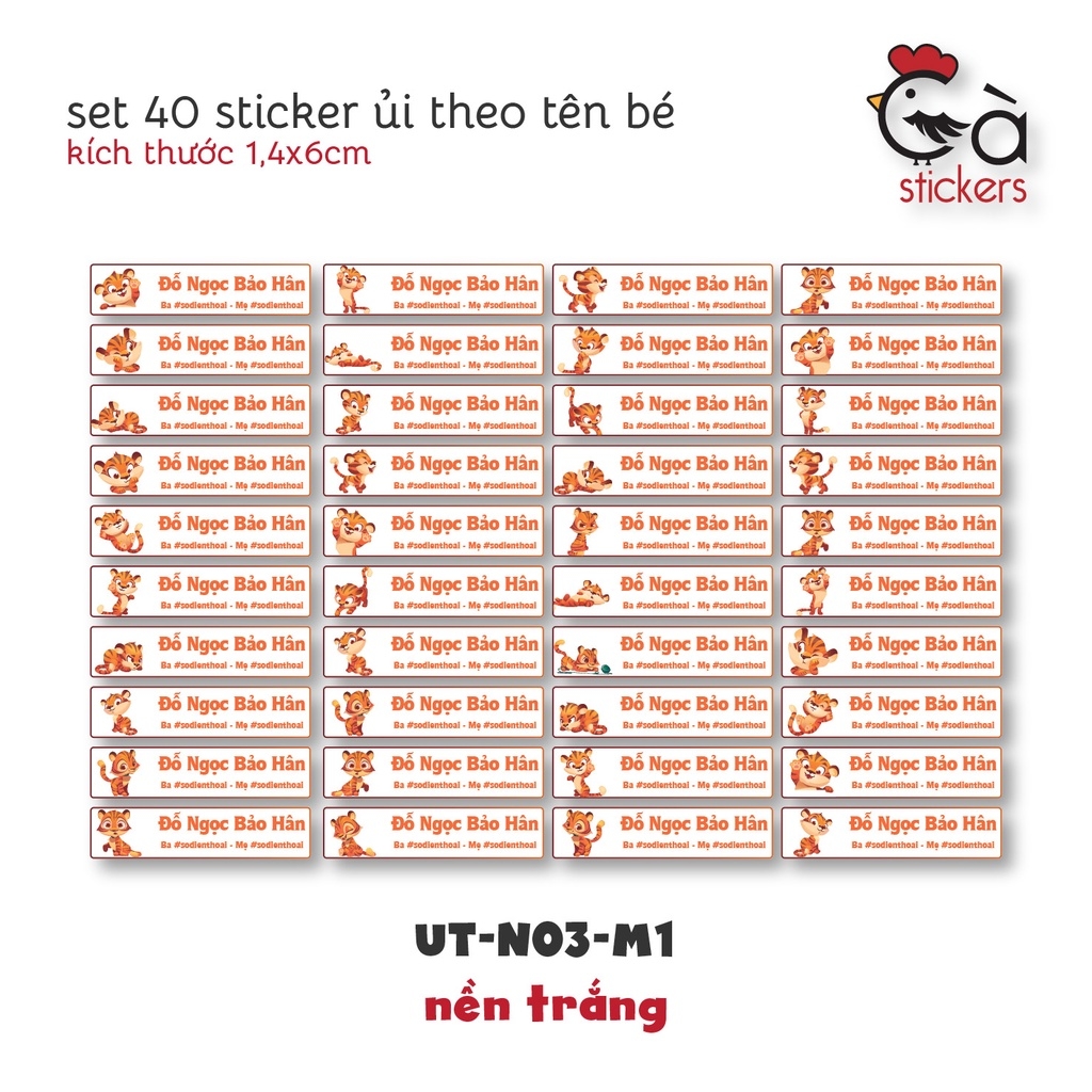 Sticker ủi áo in tên trẻ em GaStickers UT-N03- bộ 40 miếng kích thước 1,4 x 6 cm