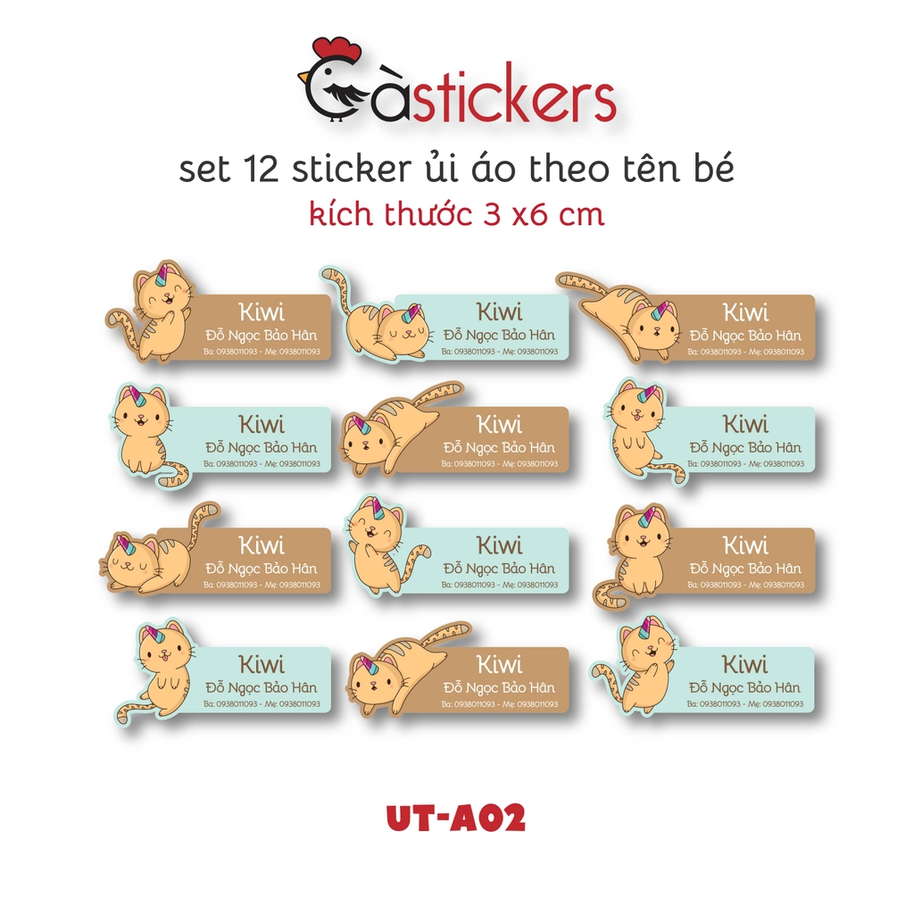 Sticker ủi áo in tên trẻ em GaStickers UT-A02 bộ 12 miếng kích thước 3 x 6 cm