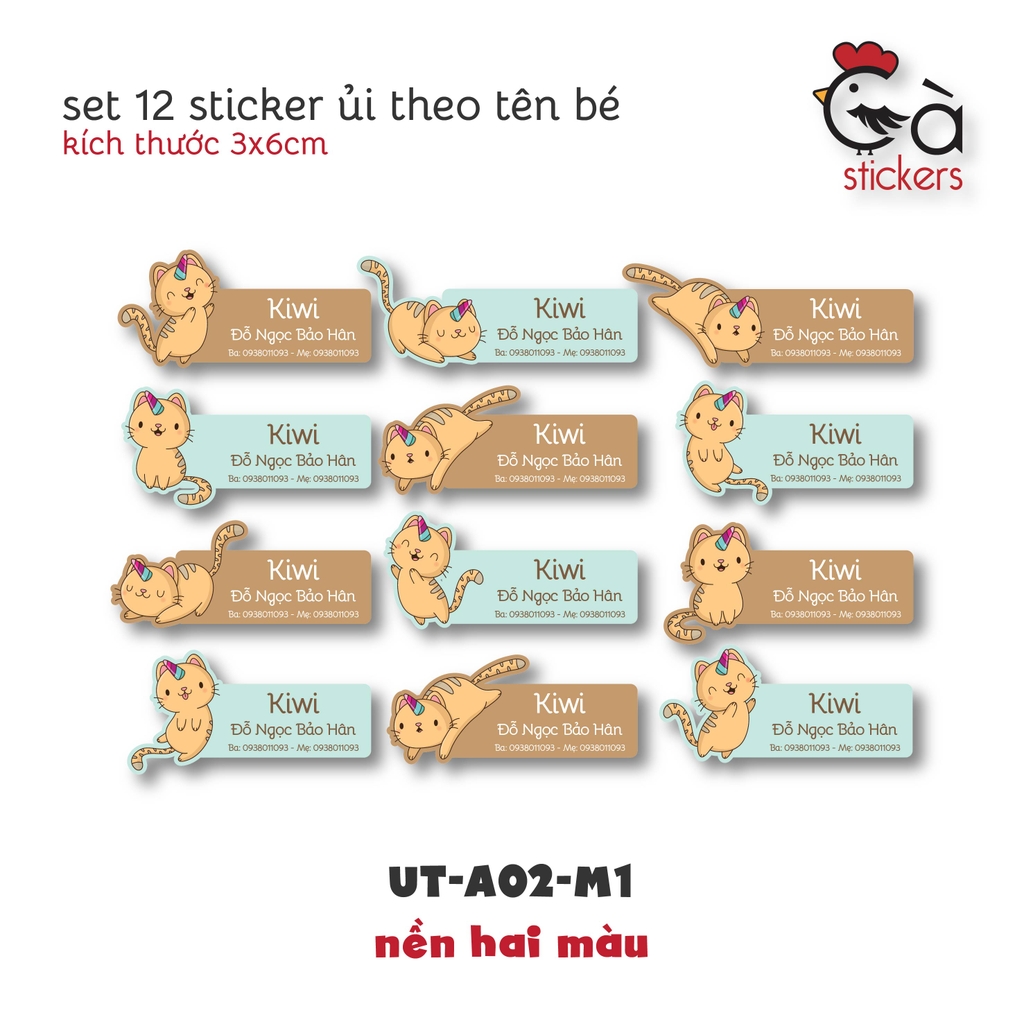 Sticker ủi áo in tên trẻ em GaStickers UT-A02 bộ 12 miếng kích thước 3 x 6 cm