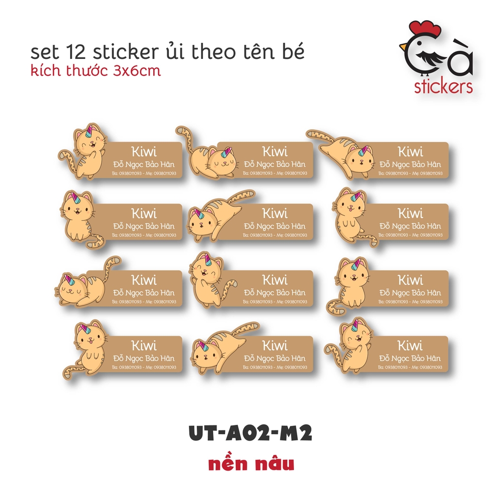 Sticker ủi áo in tên trẻ em GaStickers UT-A02 bộ 12 miếng kích thước 3 x 6 cm