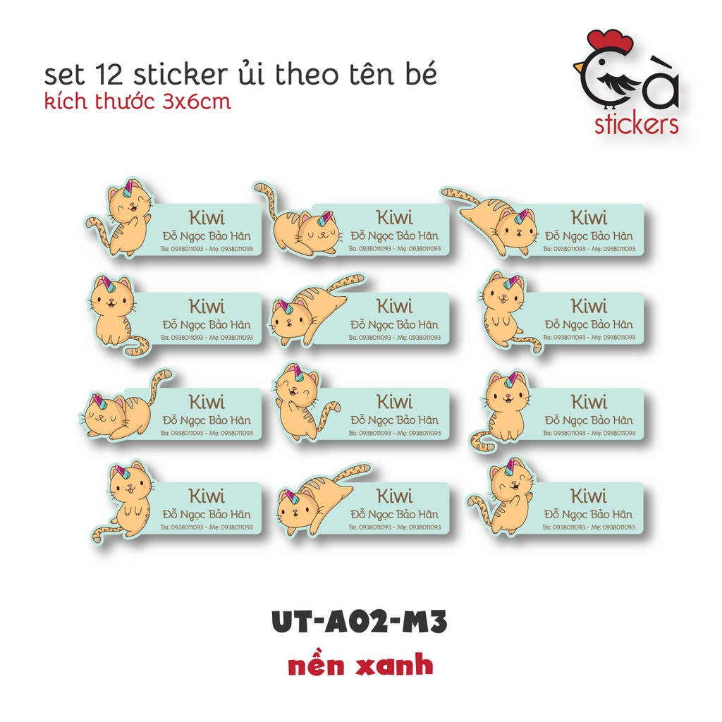 Sticker ủi áo in tên trẻ em GaStickers UT-A02 bộ 12 miếng kích thước 3 x 6 cm