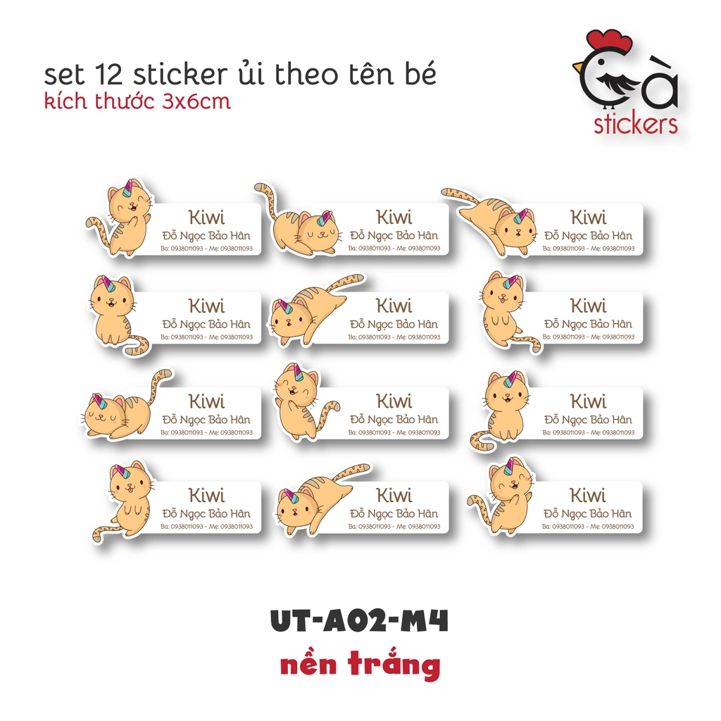 Sticker ủi áo in tên trẻ em GaStickers UT-A02 bộ 12 miếng kích thước 3 x 6 cm
