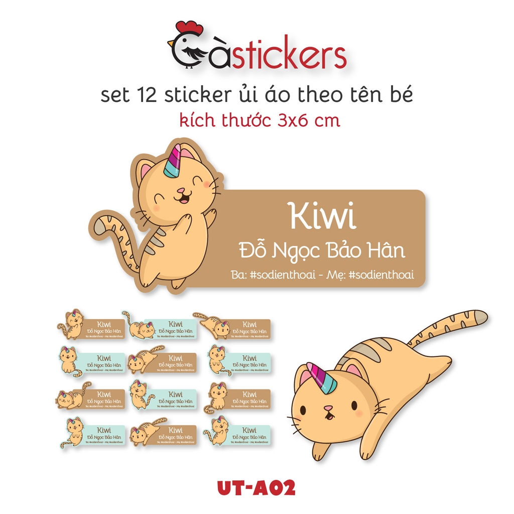 Sticker ủi áo in tên trẻ em GaStickers UT-A02 bộ 12 miếng kích thước 3 x 6 cm