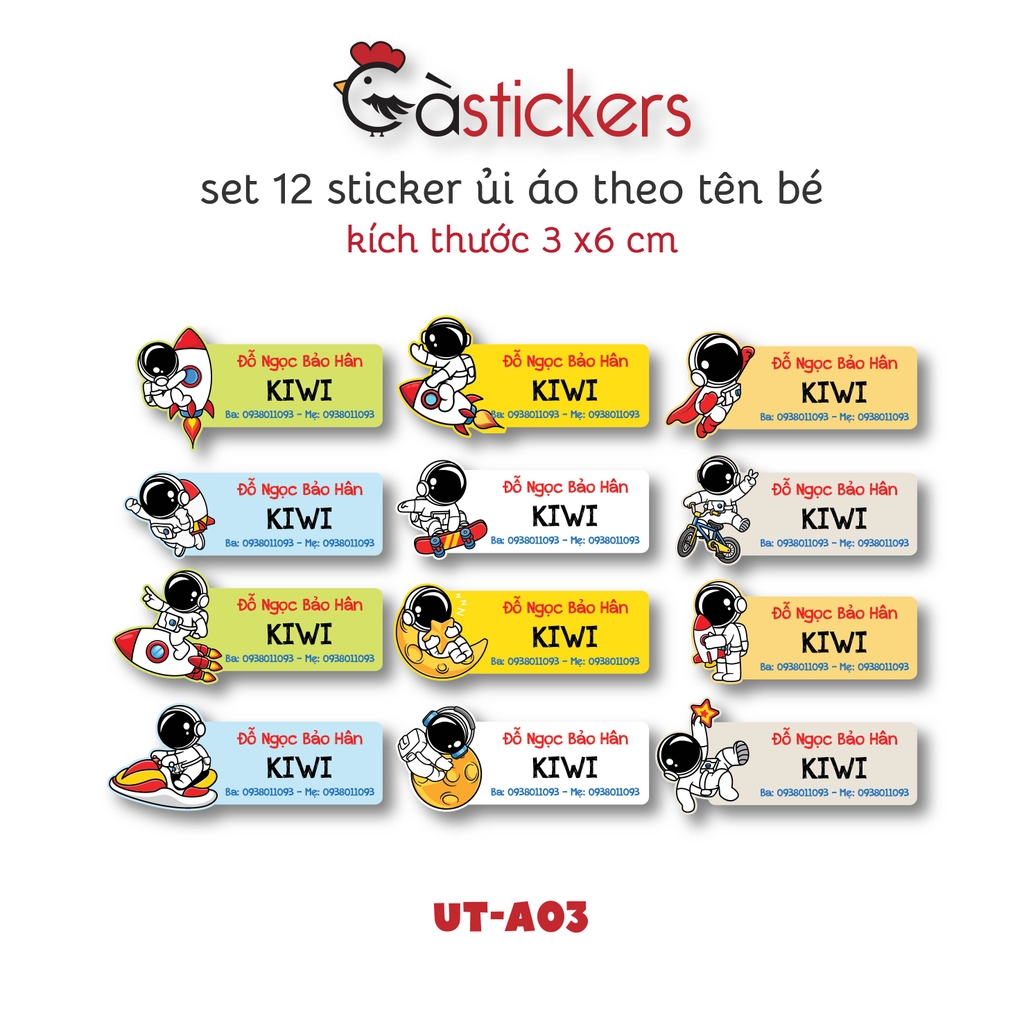 Sticker ủi áo in tên trẻ em GaStickers UT-A03 bộ 12 miếng kích thước 3 x 6 cm