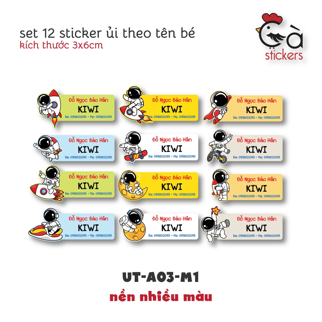 Sticker ủi áo in tên trẻ em GaStickers UT-A03 bộ 12 miếng kích thước 3 x 6 cm