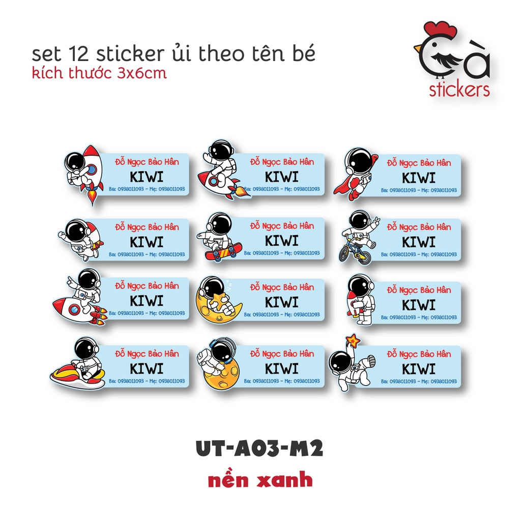Sticker ủi áo in tên trẻ em GaStickers UT-A03 bộ 12 miếng kích thước 3 x 6 cm