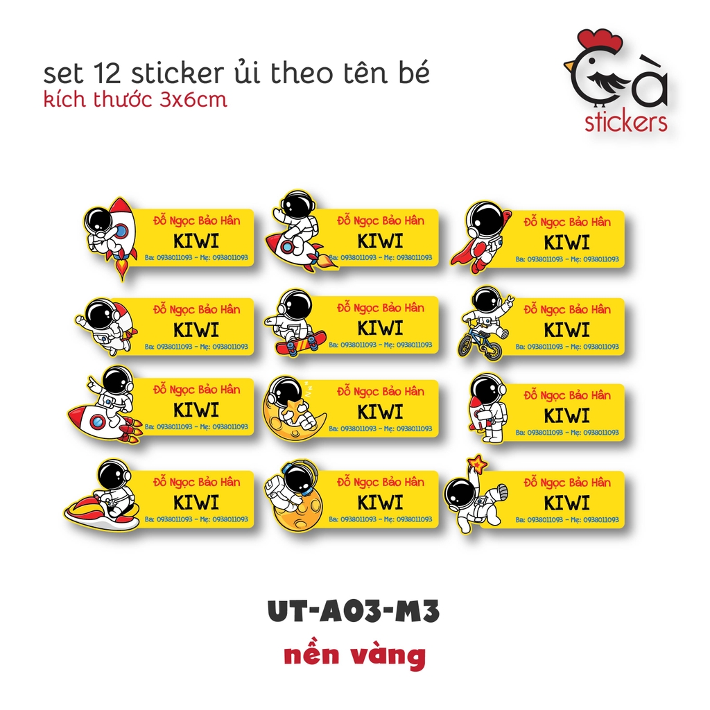 Sticker ủi áo in tên trẻ em GaStickers UT-A03 bộ 12 miếng kích thước 3 x 6 cm