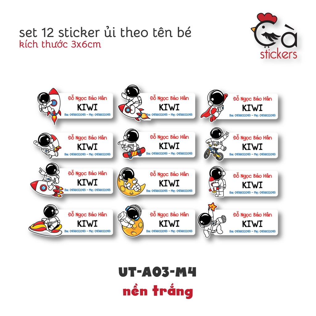 Sticker ủi áo in tên trẻ em GaStickers UT-A03 bộ 12 miếng kích thước 3 x 6 cm