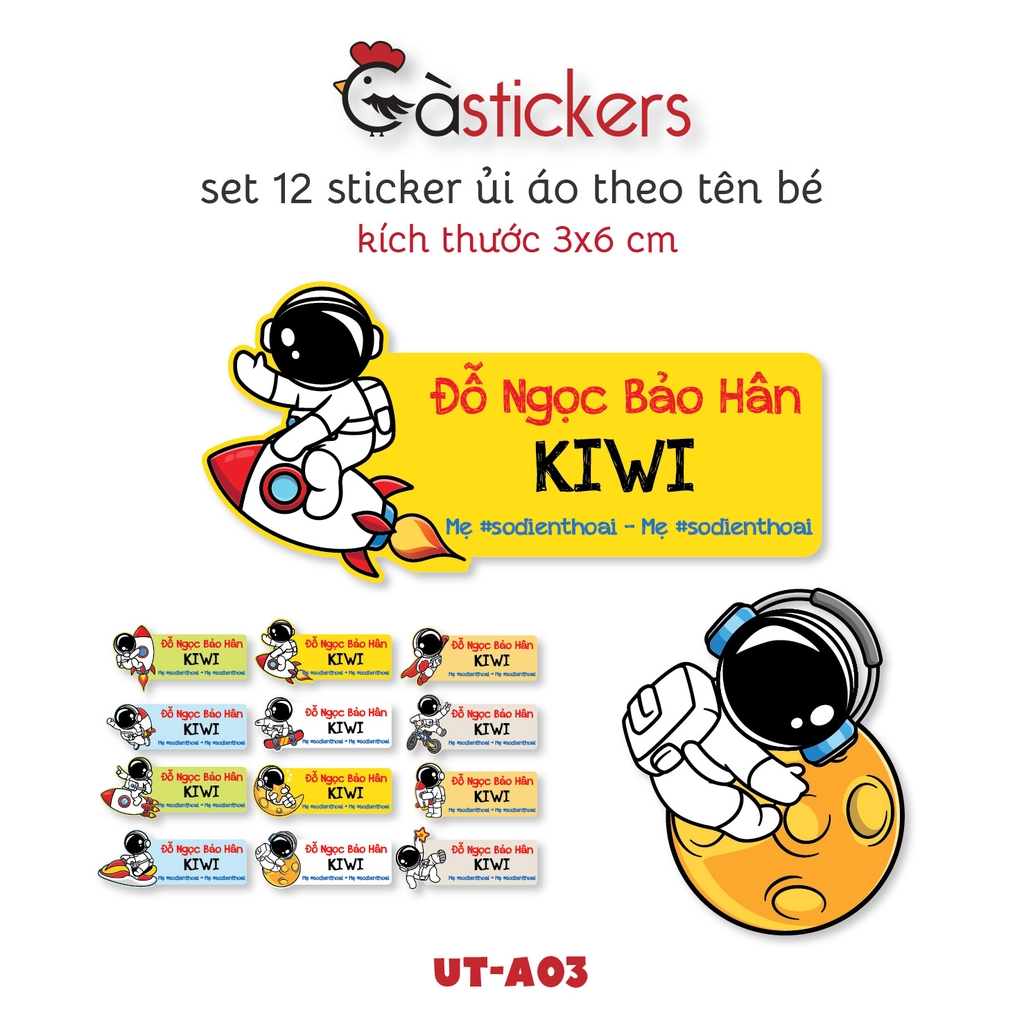 Sticker ủi áo in tên trẻ em GaStickers UT-A03 bộ 12 miếng kích thước 3 x 6 cm