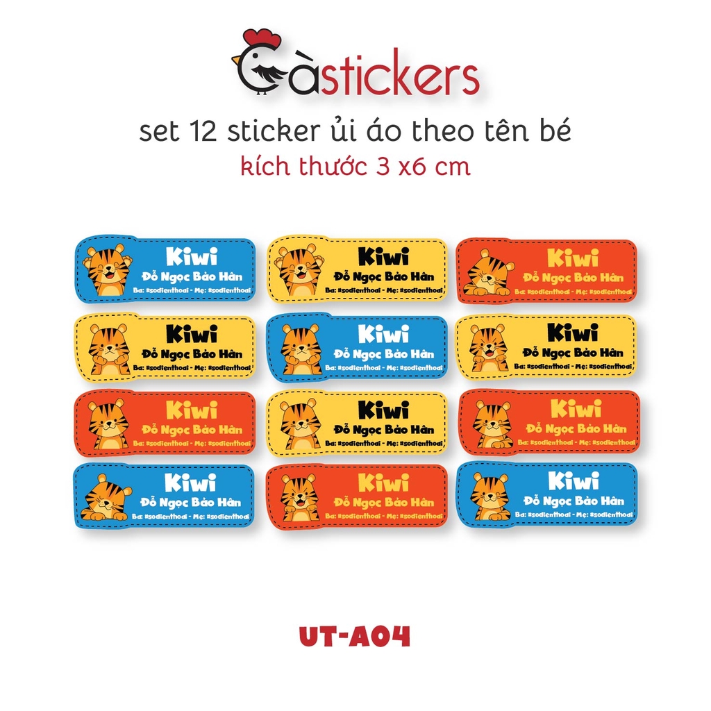 Sticker ủi áo in tên trẻ em GaStickers UT-A04 bộ 12 miếng kích thước 3 x 6 cm