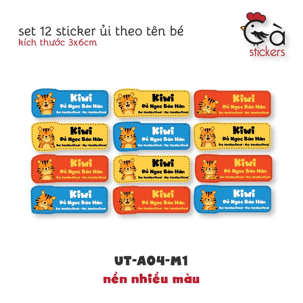 Sticker ủi áo in tên trẻ em GaStickers UT-A04 bộ 12 miếng kích thước 3 x 6 cm