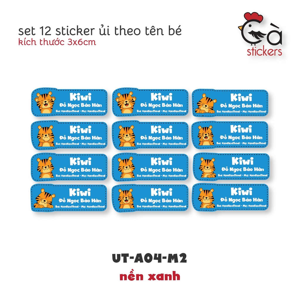 Sticker ủi áo in tên trẻ em GaStickers UT-A04 bộ 12 miếng kích thước 3 x 6 cm