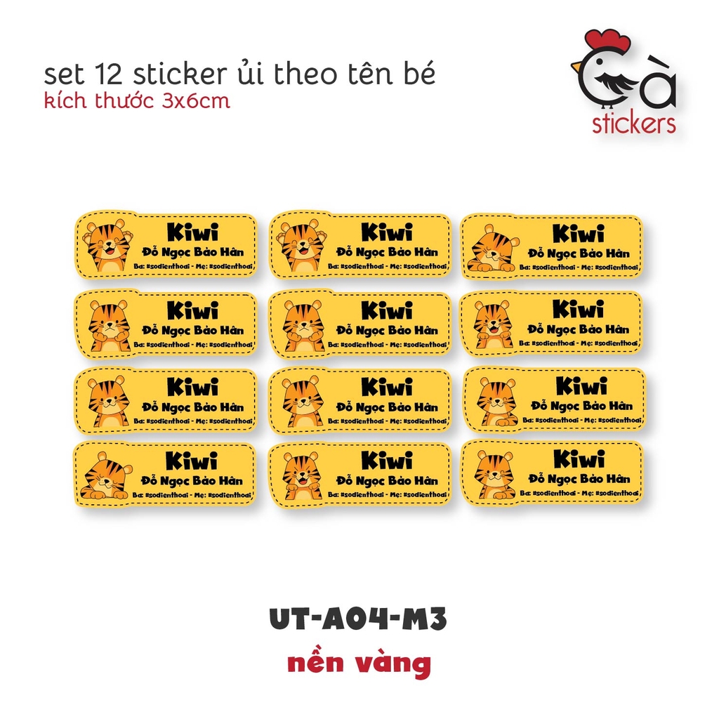 Sticker ủi áo in tên trẻ em GaStickers UT-A04 bộ 12 miếng kích thước 3 x 6 cm