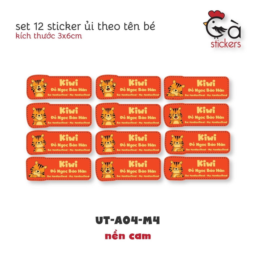 Sticker ủi áo in tên trẻ em GaStickers UT-A04 bộ 12 miếng kích thước 3 x 6 cm