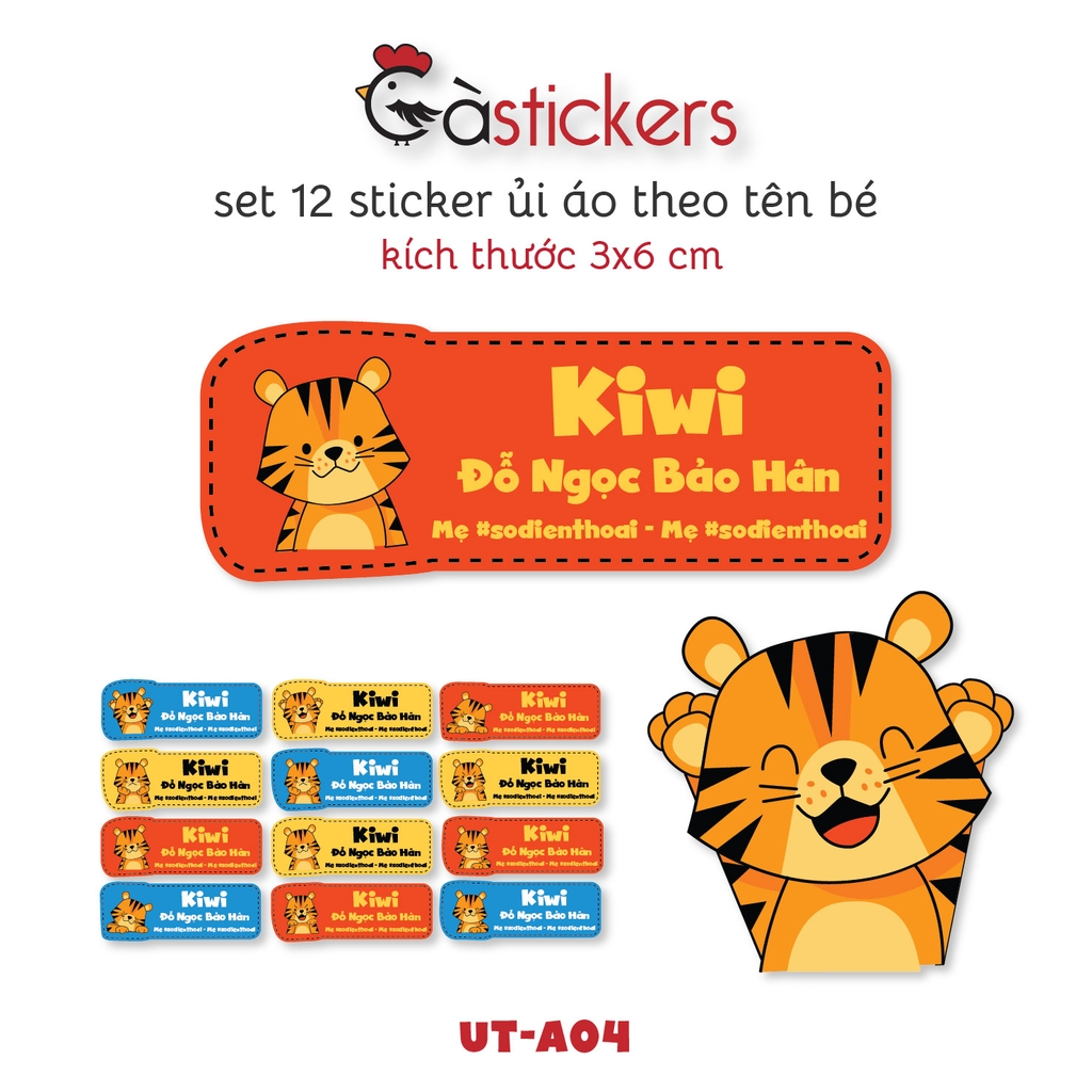 Sticker ủi áo in tên trẻ em GaStickers UT-A04 bộ 12 miếng kích thước 3 x 6 cm