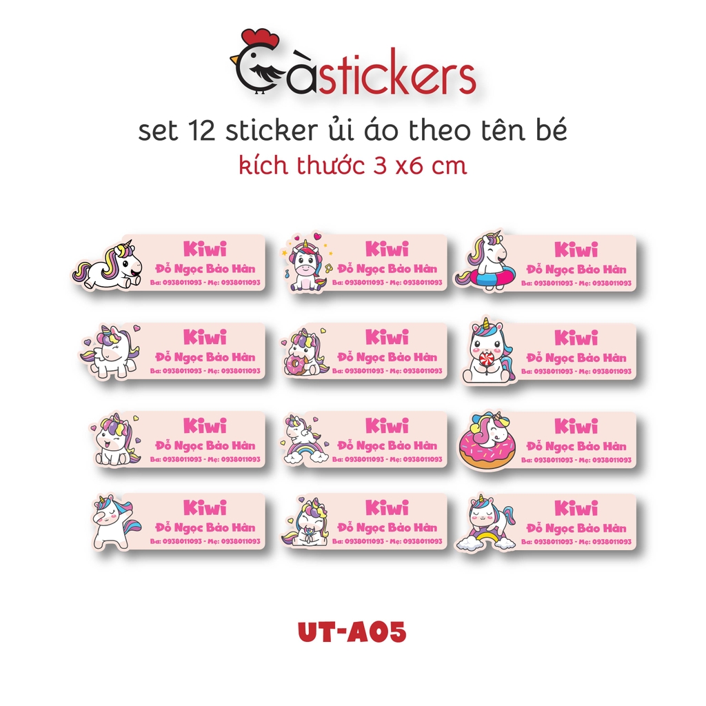 Sticker ủi áo in tên trẻ em GaStickers UT-A05 bộ 12 miếng kích thước 3 x 6 cm