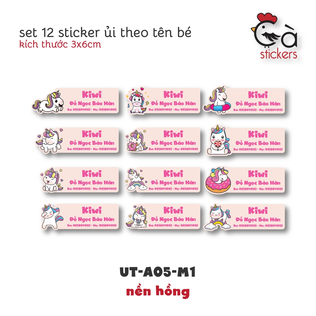 Sticker ủi áo in tên trẻ em GaStickers UT-A05 bộ 12 miếng kích thước 3 x 6 cm