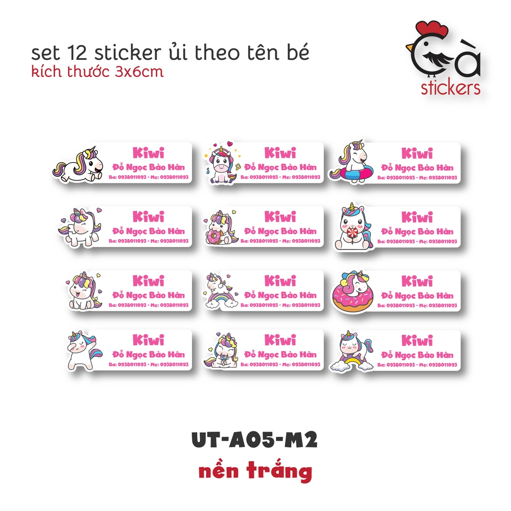 Sticker ủi áo in tên trẻ em GaStickers UT-A05 bộ 12 miếng kích thước 3 x 6 cm