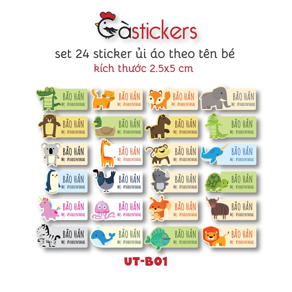 Sticker ủi áo in tên trẻ em GaSticker UT-B01- bộ 24 miếng kích thước 2,5 x 5 cm