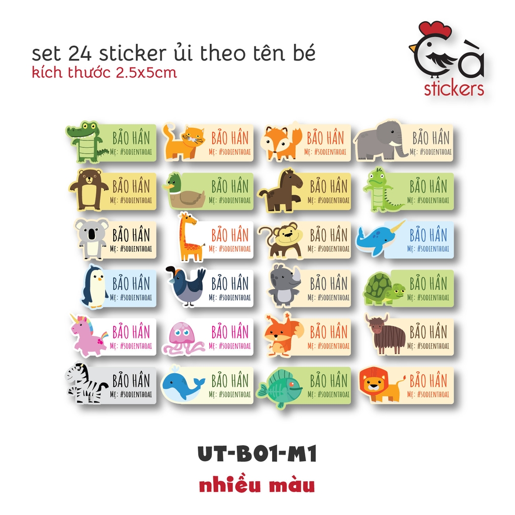 Sticker ủi áo in tên trẻ em GaSticker UT-B01- bộ 24 miếng kích thước 2,5 x 5 cm