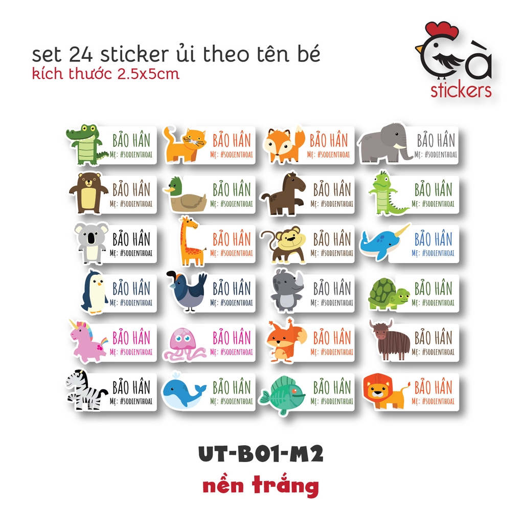 Sticker ủi áo in tên trẻ em GaSticker UT-B01- bộ 24 miếng kích thước 2,5 x 5 cm