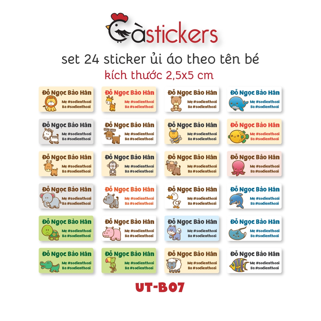Sticker ủi áo in tên trẻ em GaSticker UT-B07- bộ 24 miếng kích thước 2,5 x 5 cm