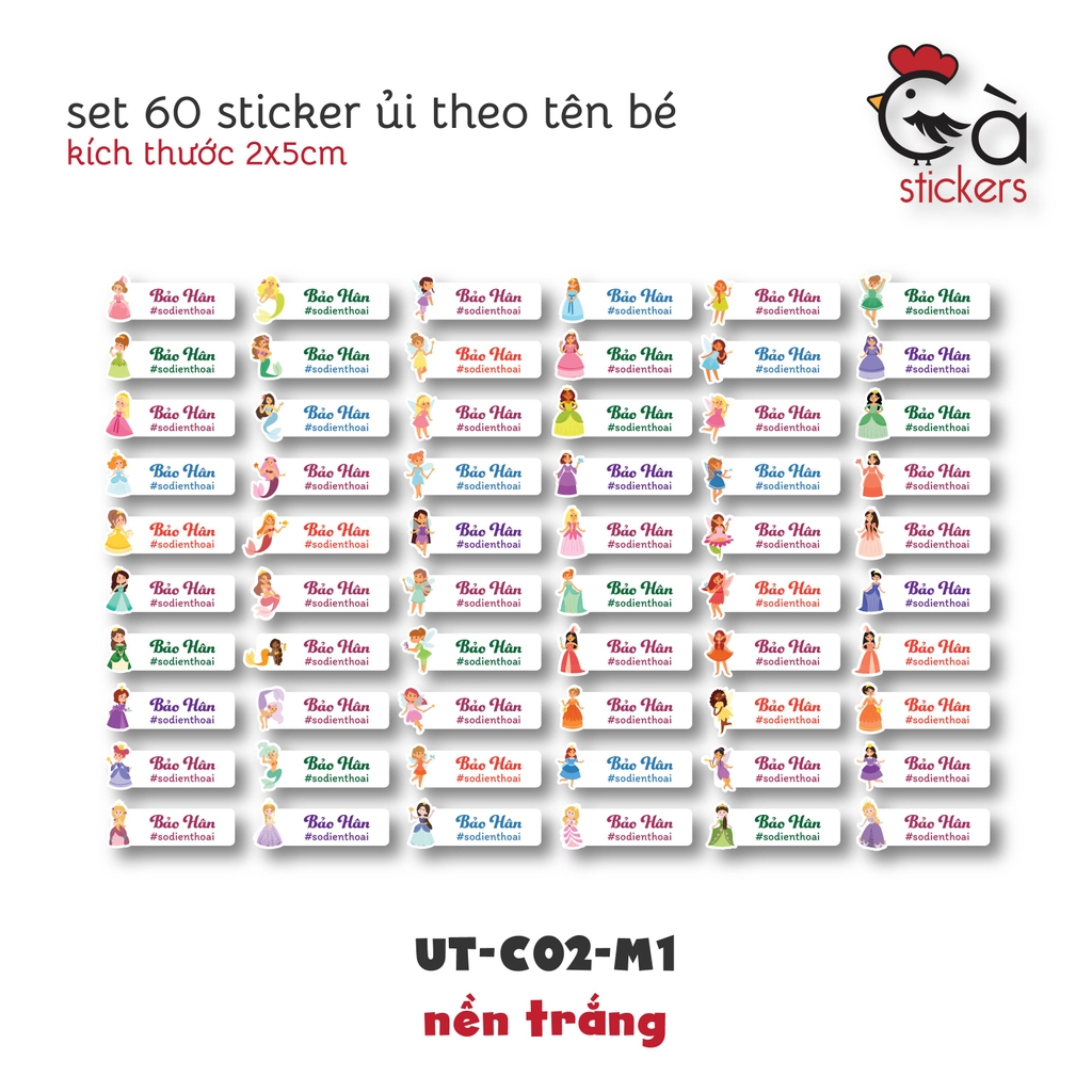 Sticker ủi áo in tên trẻ em GaStickers UT-C02 bộ 60 miếng kích thước 1,5 x 5,6 cm