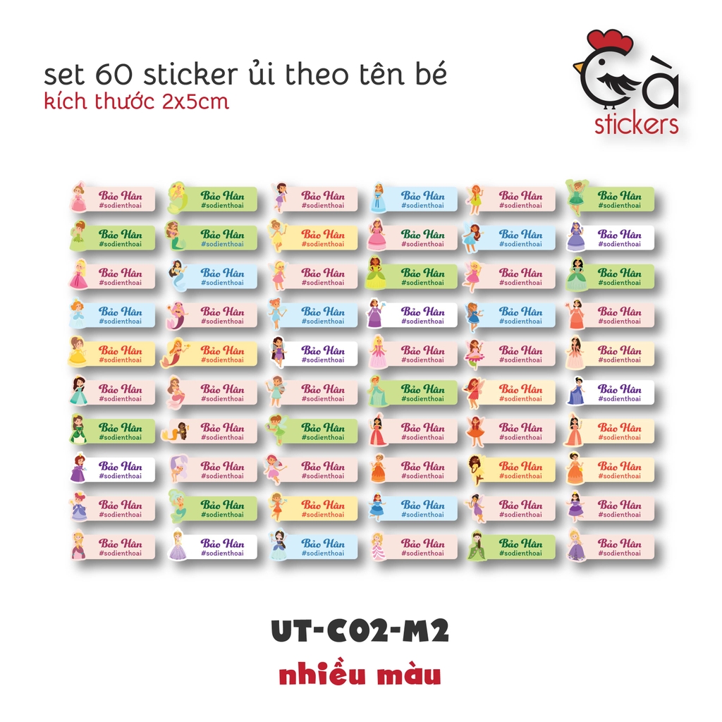 Sticker ủi áo in tên trẻ em GaStickers UT-C02 bộ 60 miếng kích thước 1,5 x 5,6 cm