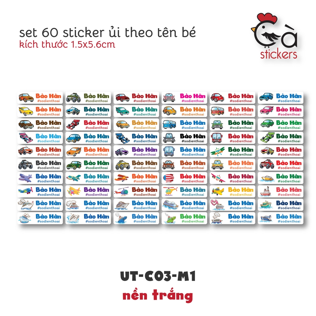 Sticker ủi áo in tên trẻ em GaStickers UT-C03 bộ 60 miếng kích thước 1,5 x 5,6 cm