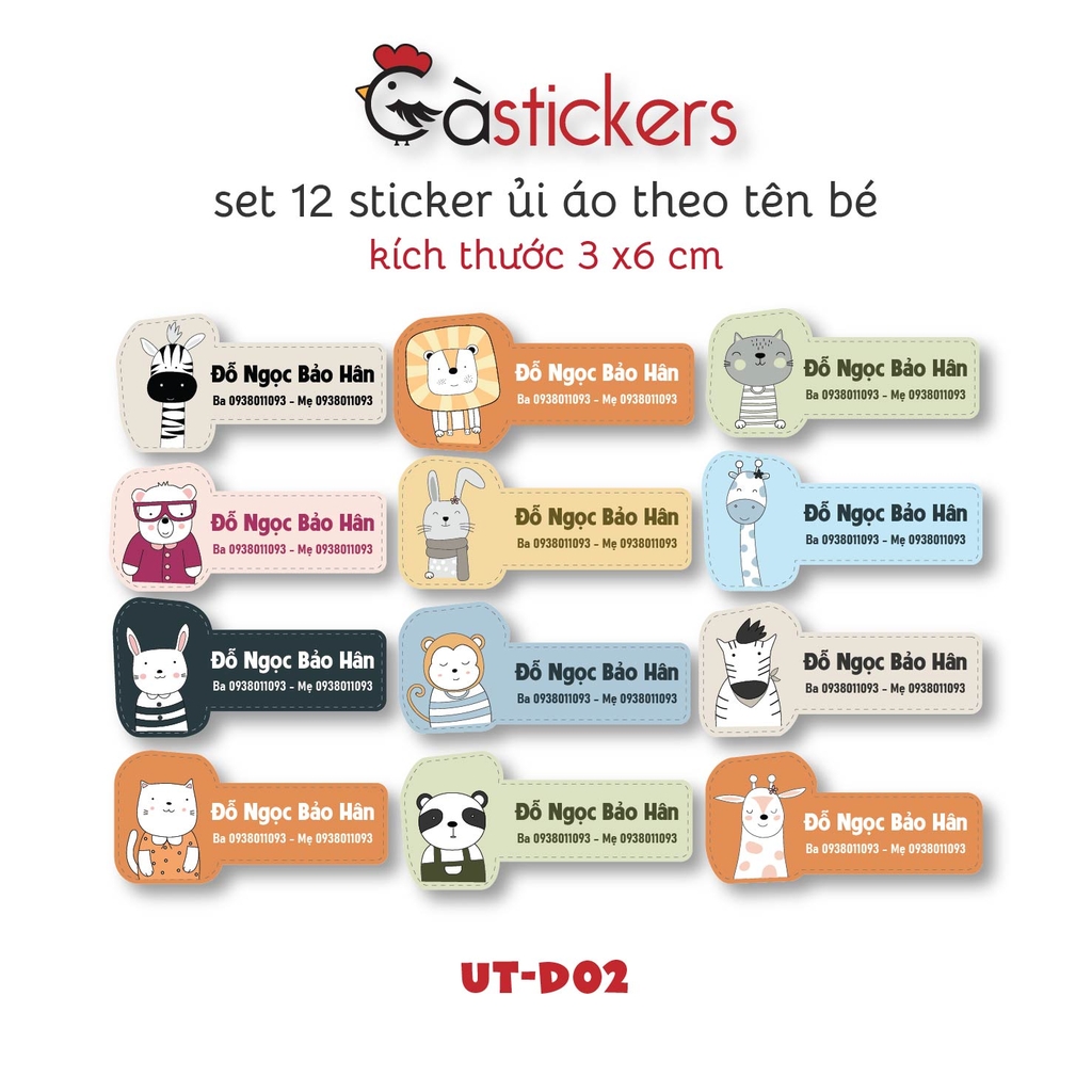 Sticker ủi áo in tên trẻ em GaStickers UT-D02 bộ 12 miếng kích thước 3 x 6 cm