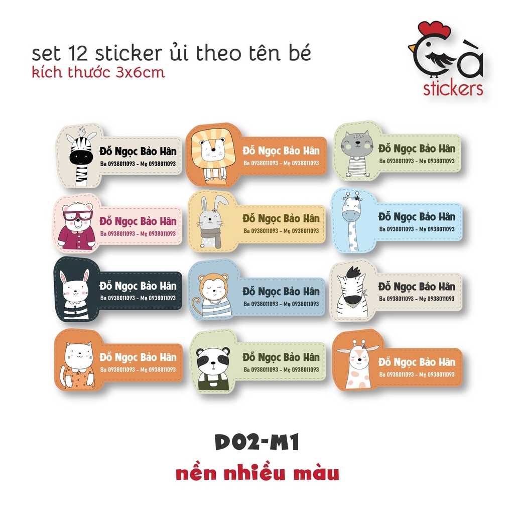 Sticker ủi áo in tên trẻ em GaStickers UT-D02 bộ 12 miếng kích thước 3 x 6 cm