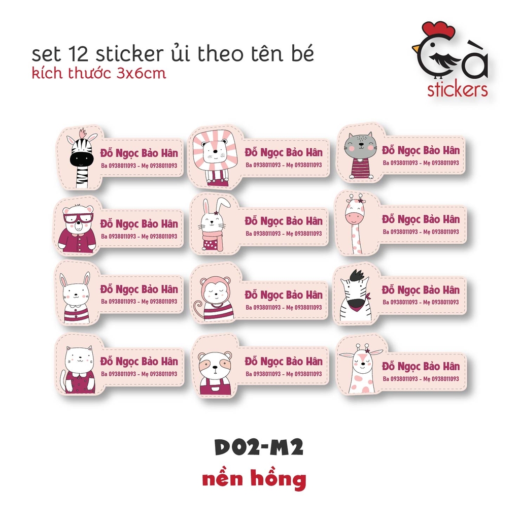Sticker ủi áo in tên trẻ em GaStickers UT-D02 bộ 12 miếng kích thước 3 x 6 cm