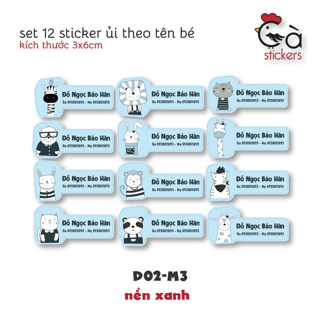 Sticker ủi áo in tên trẻ em GaStickers UT-D02 bộ 12 miếng kích thước 3 x 6 cm