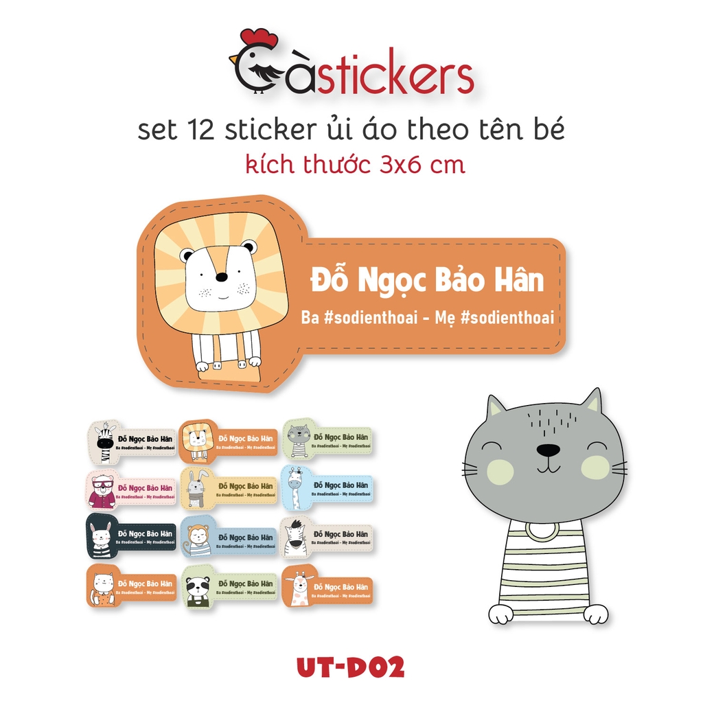 Sticker ủi áo in tên trẻ em GaStickers UT-D02 bộ 12 miếng kích thước 3 x 6 cm