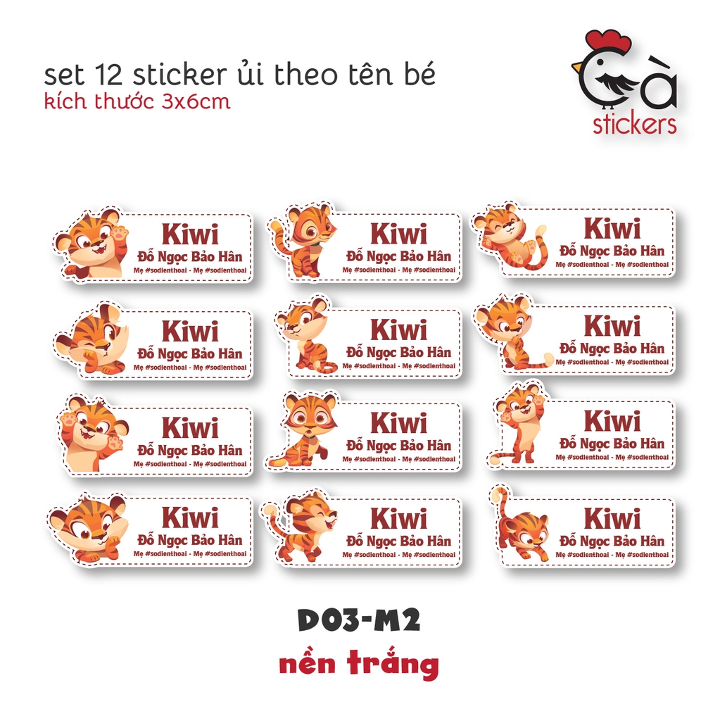 Sticker ủi áo in tên trẻ em GaStickers UT-D03- bộ 12 miếng kích thước 3 x 6 cm