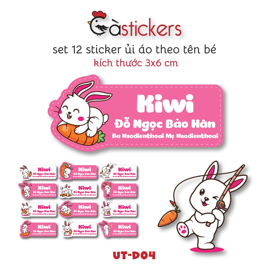 Sticker ủi áo in tên trẻ em GaStickers UT-D04- bộ 12 miếng kích thước 3 x 6 cm