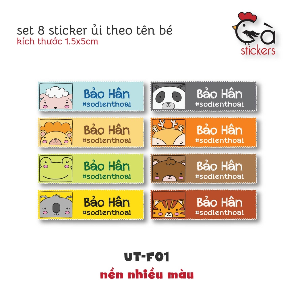Sticker ủi áo in tên trẻ em GaSticker UT-F01- bộ 8 miếng kích thước 1,5 x 5 cm