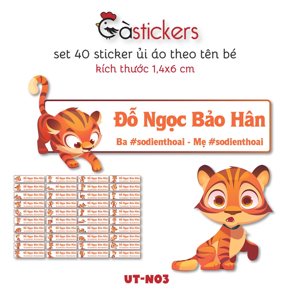 Sticker ủi áo in tên trẻ em GaStickers UT-N03- bộ 40 miếng kích thước 1,4 x 6 cm