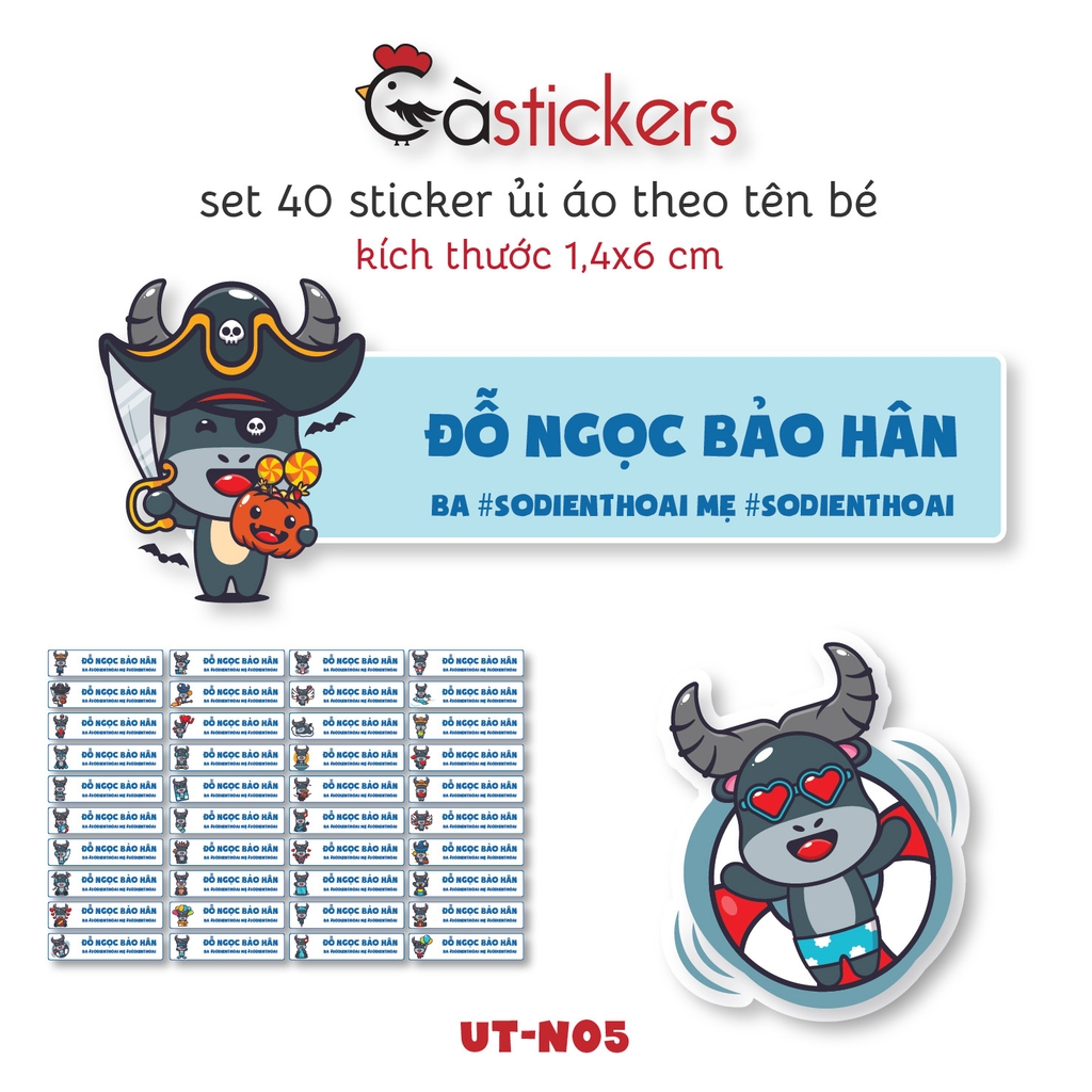 Sticker ủi áo in tên trẻ em GaStickers UT-N05- bộ 40 miếng kích thước 1,4 x 6 cm