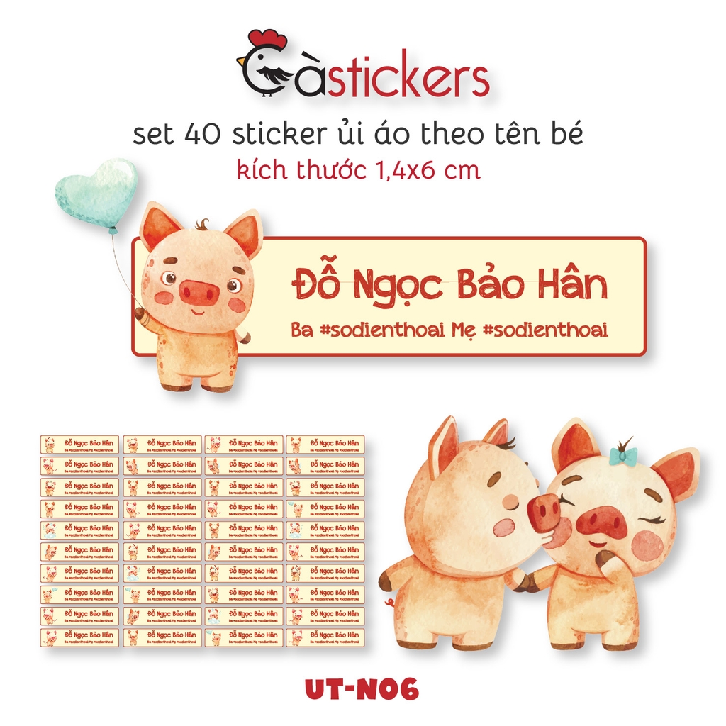 Sticker ủi áo in tên trẻ em GaStickers UT-N06- bộ 40 miếng kích thước 1,4 x 6 cm