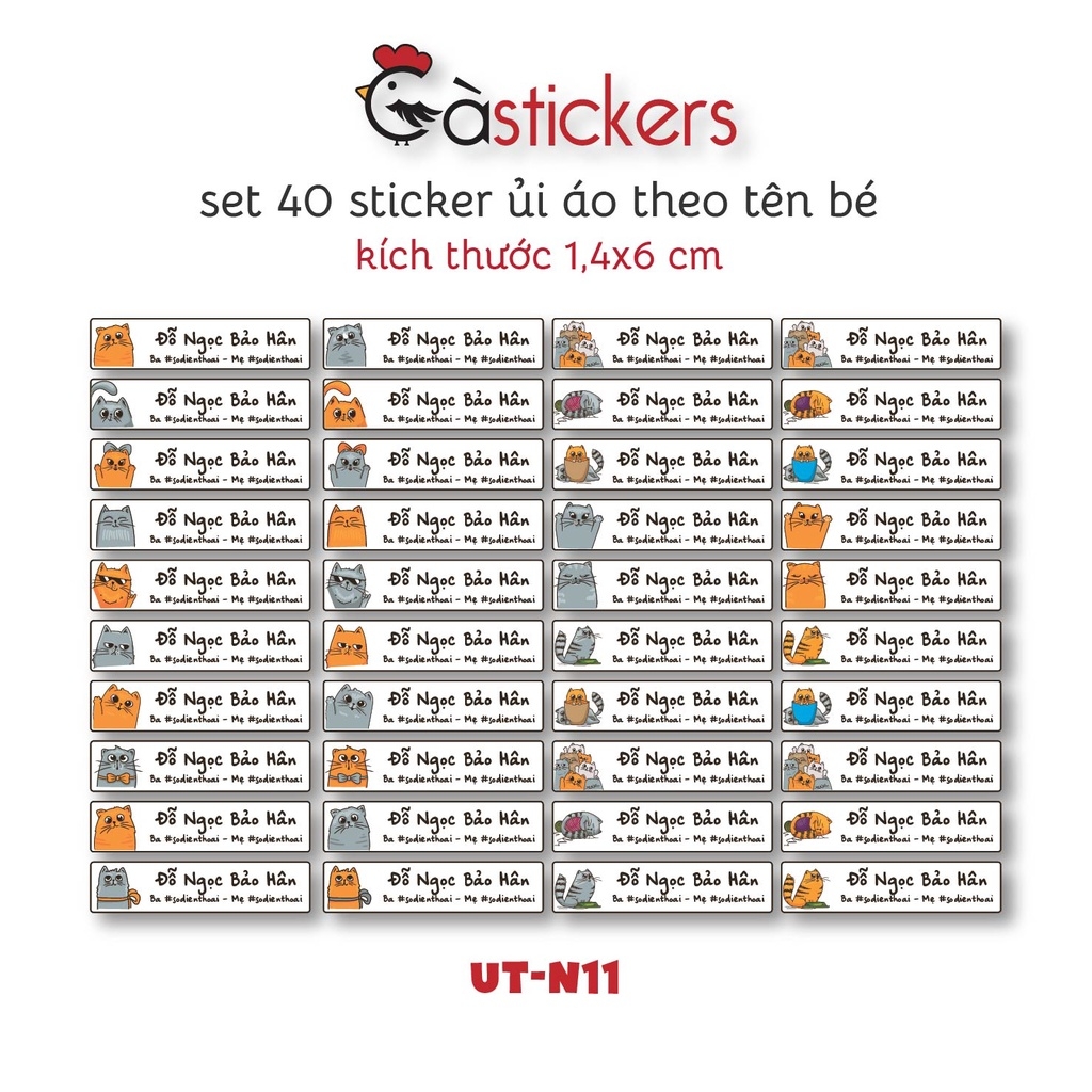 Sticker ủi áo in tên trẻ em GaStickers UT-N11- bộ 40 miếng kích thước 1,4 x 6 cm