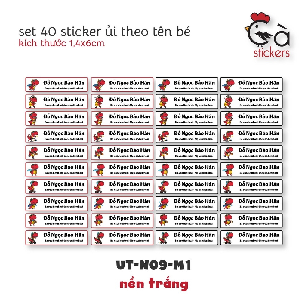Sticker ủi áo in tên trẻ em GaStickers UT-N09- bộ 40 miếng kích thước 1,4 x 6 cm